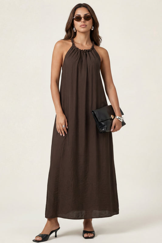 Braided Neck Trim Maxi Dress Khaki
