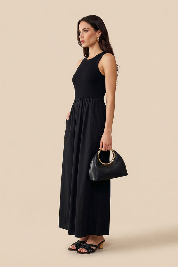 Black Ribbed Cotton Poplin Dress