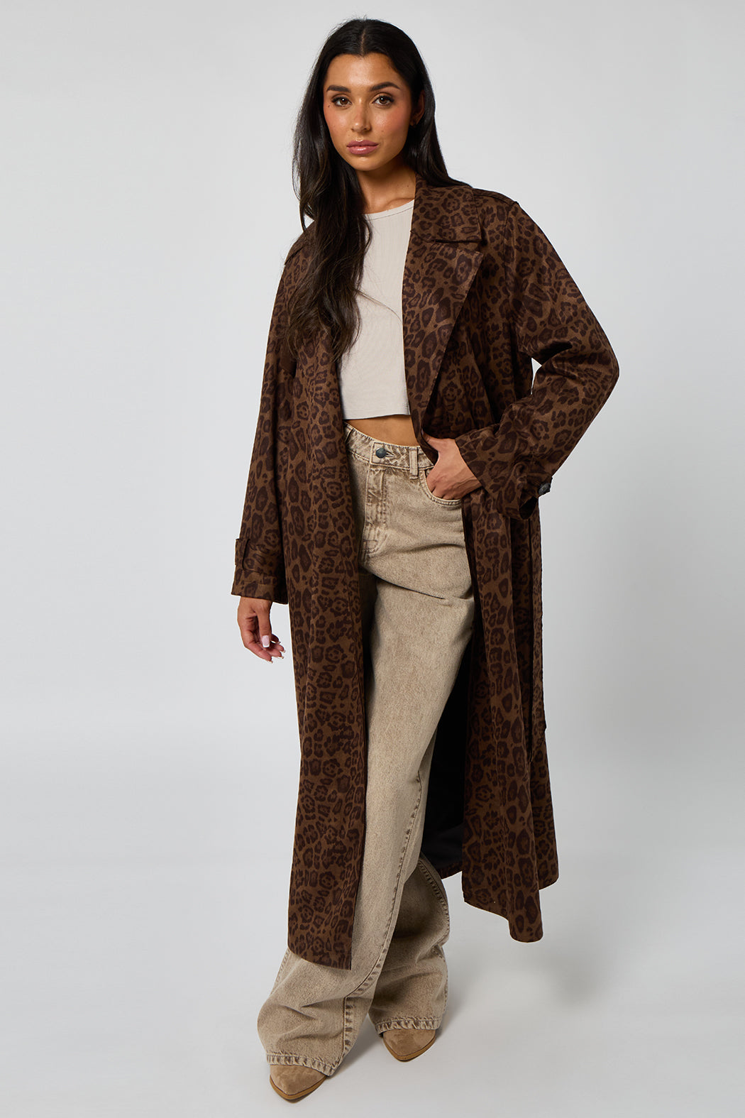 Faux Suede Leopard Trench