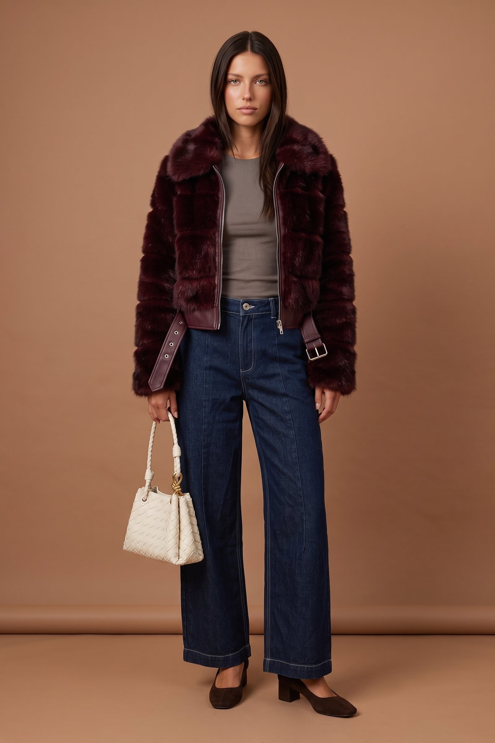 Cut Faux Fur Belted Bomber Jacket
