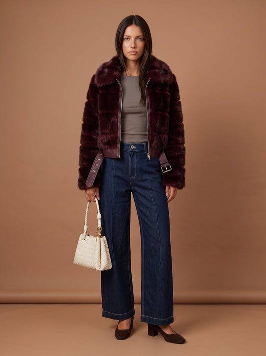 Cut Faux Fur Belted Bomber Jacket