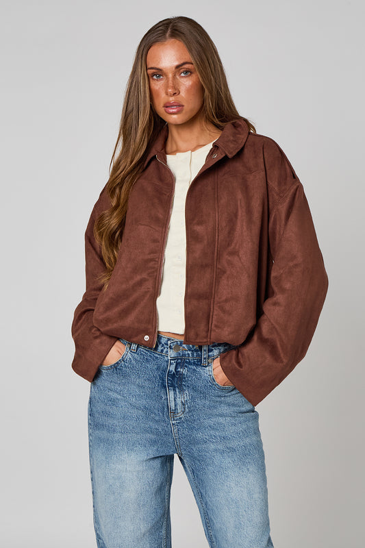 Chocolate Suede Collared Bubble Hem Jacket