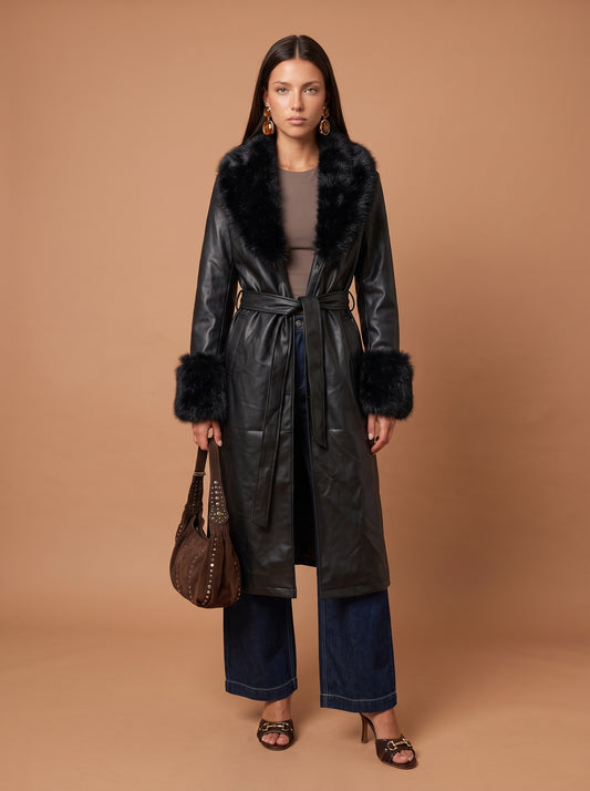 Fur Cuff Pu Jacket Black