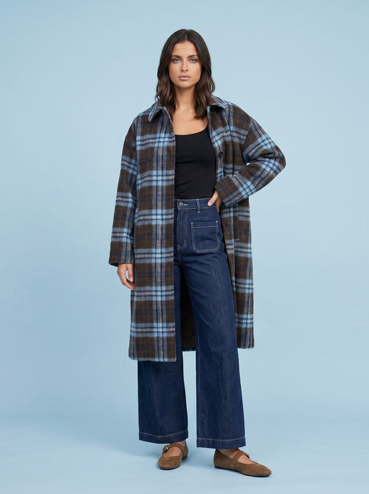 Check Collared Longline Coat Blue Pattern