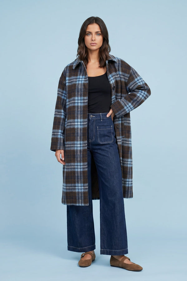 Check Collared Longline Coat Blue Pattern