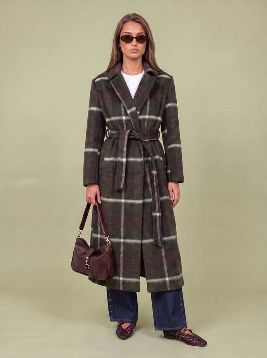 Belted Check Coat Green Pattern