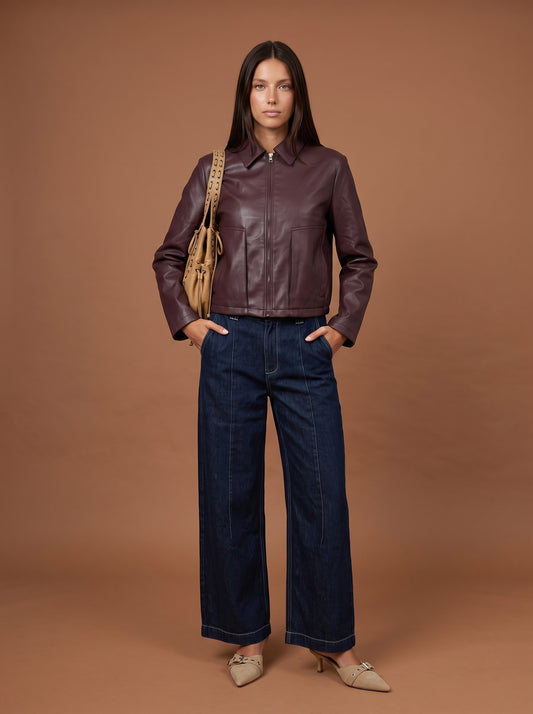 Collared Straight Pu Jacket Berry