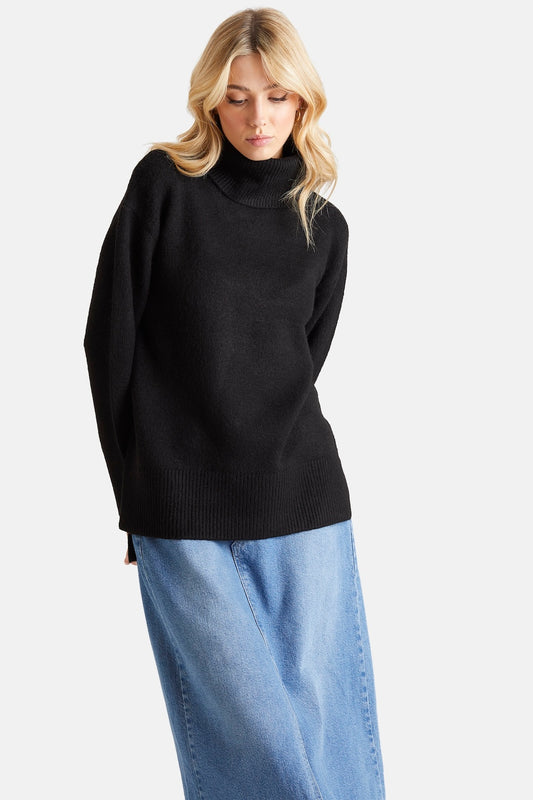 Black Deep Hem Roll Neck Jumper