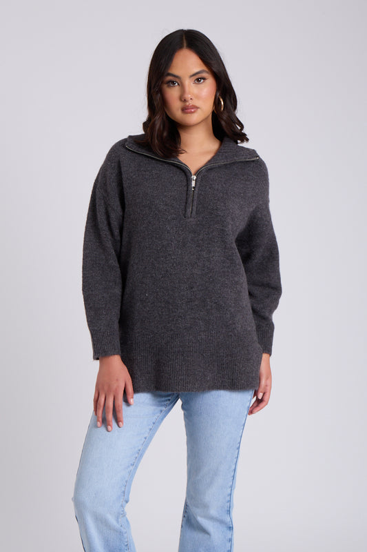 Charcoal Plain Oversized Half Zip