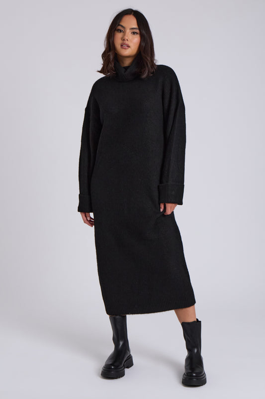 Black Roll Neck Midi Dress