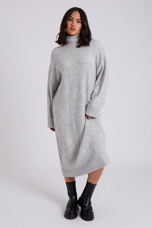 Grey Roll Neck Midi Dress