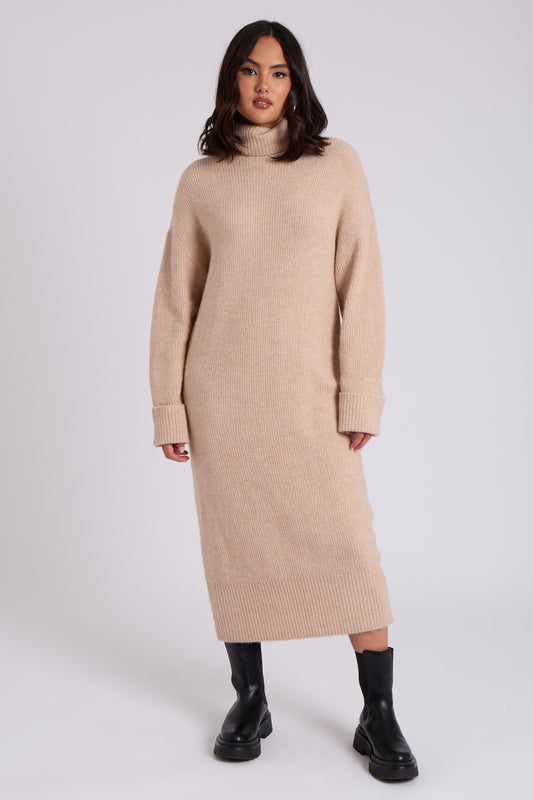 Camel Roll Neck Midi Dress