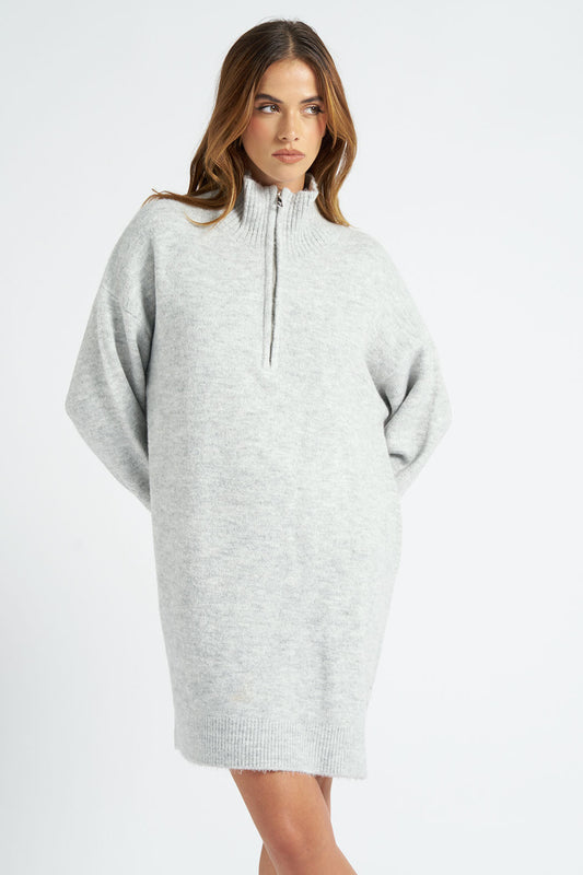 Grey Plain Oversized Half Zip Dress