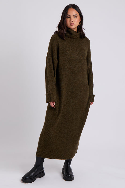 Khaki Roll Neck Midaxi Dress
