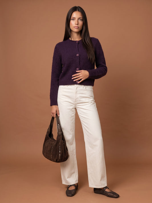 Wool Blend Cropped Cardigan Purple