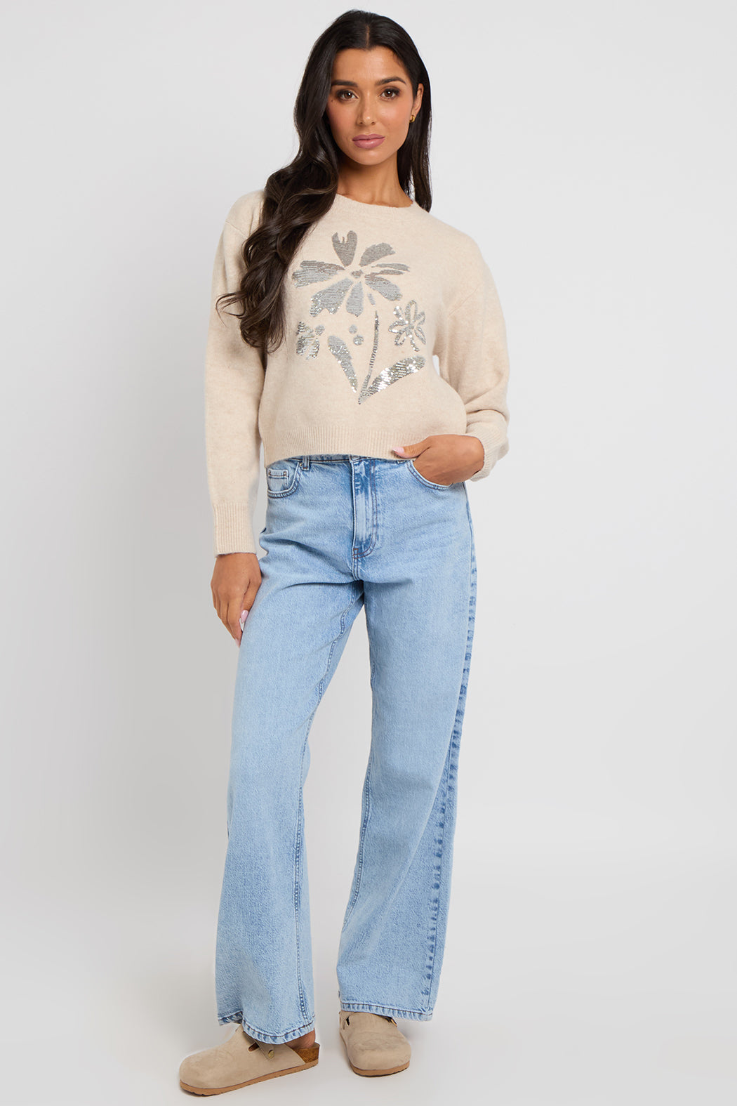 Wool Blend Sequin Floral Jumper