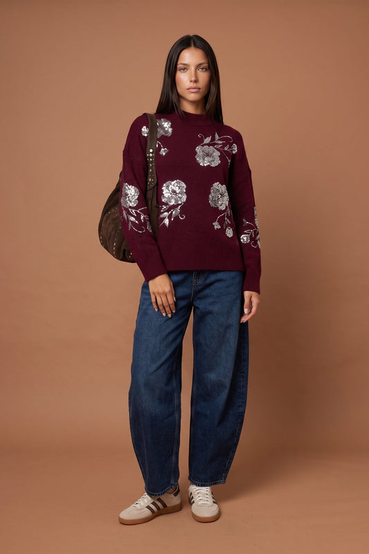 Wool Blend Sequin Embroidery Floral Jumper