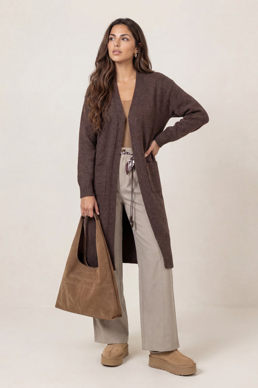 Chocolate Longline Wool-Blend Cardigan
