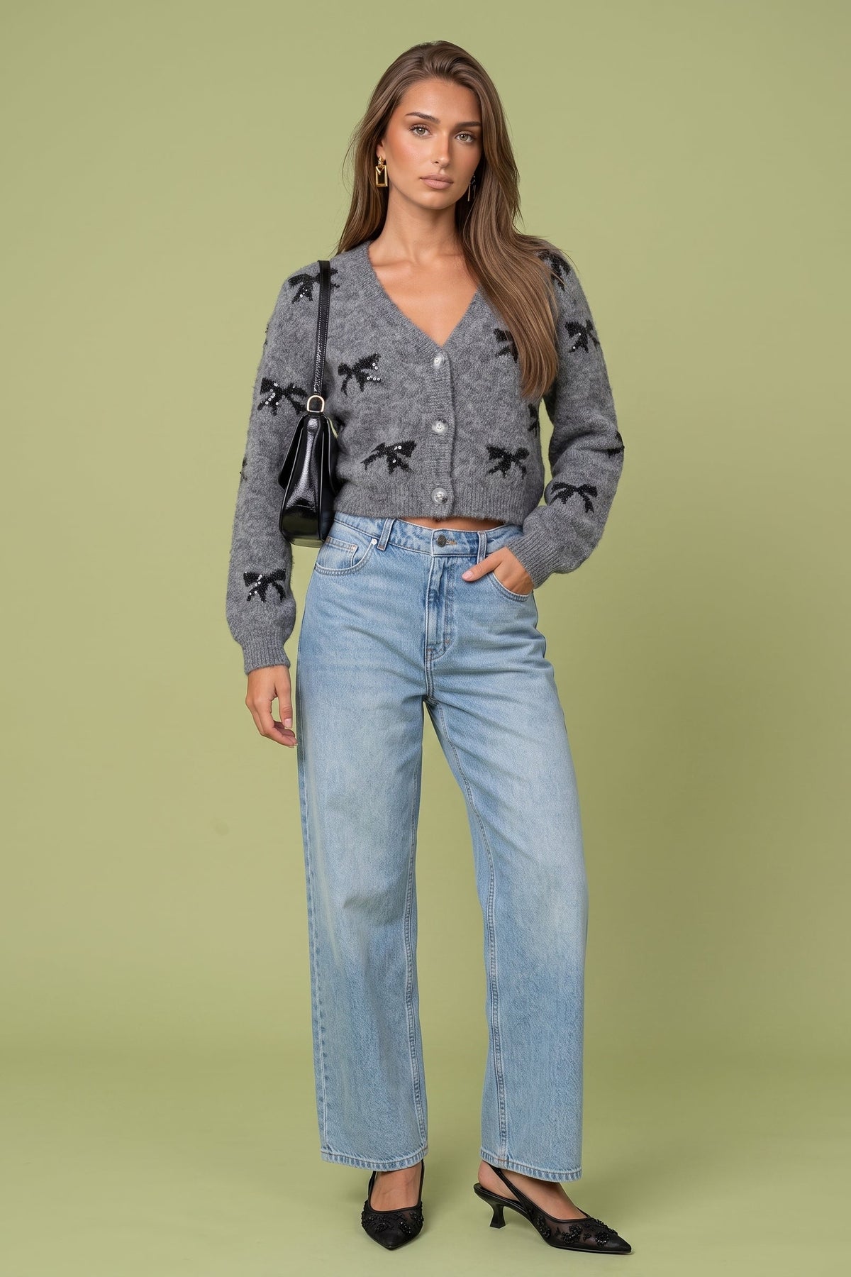 Wool Blend Sequin Bow Cardigan