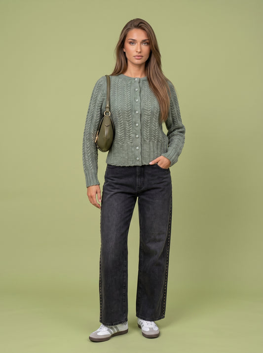 Wool Blend Cabled Cardigan Khaki