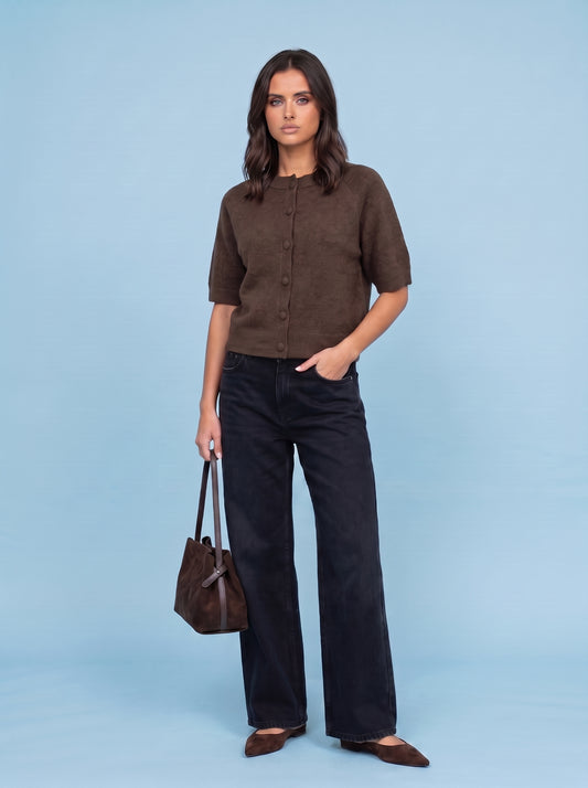 Wool Short Sleeved Cardigan Chocolate