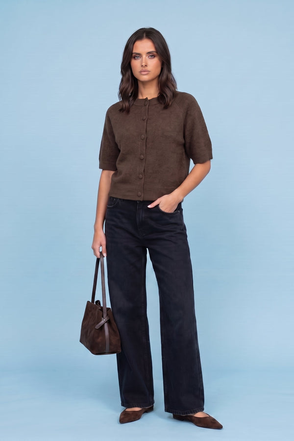 Wool Short Sleeved Cardigan Chocolate