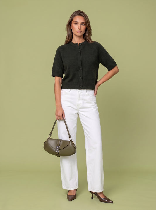 Wool Blend Short Sleeved Cardigan Khaki