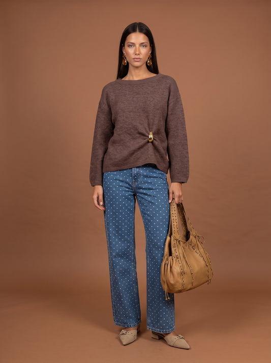 Wool Blend Gold Trim Jumper Brown