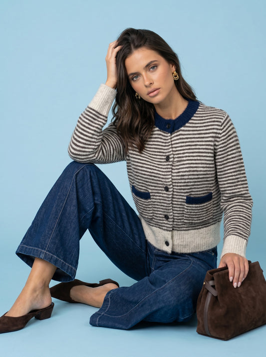 Wool Blend Stripe Contrast Cardigan