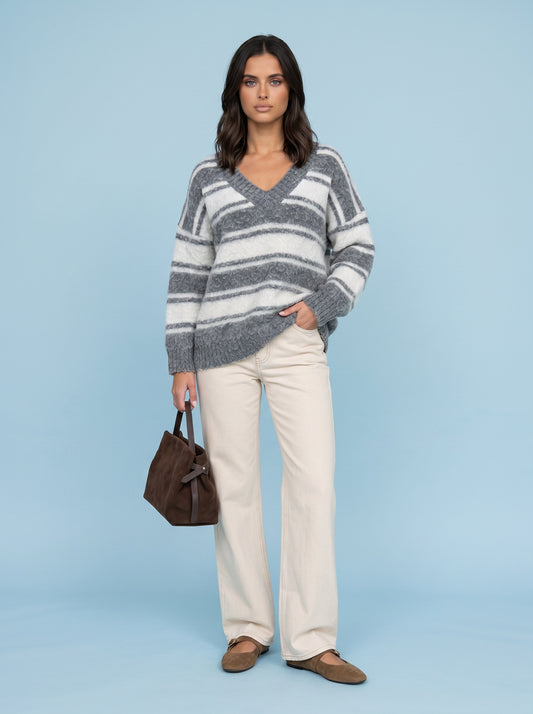 Wool Blend Stripe V Neck Jumper