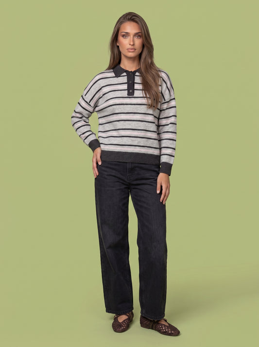 Wool Blend Stripe Contrast Rugby Jumper