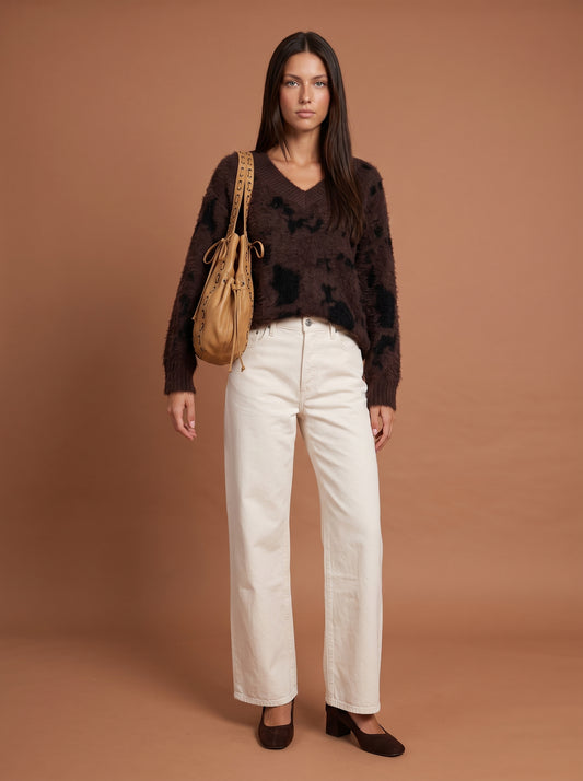 Wool Blend Animal V Neck Jumper