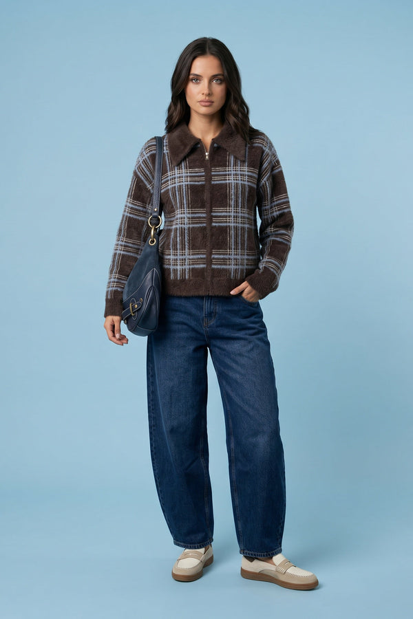 Check Zip Cardigan Chocolate