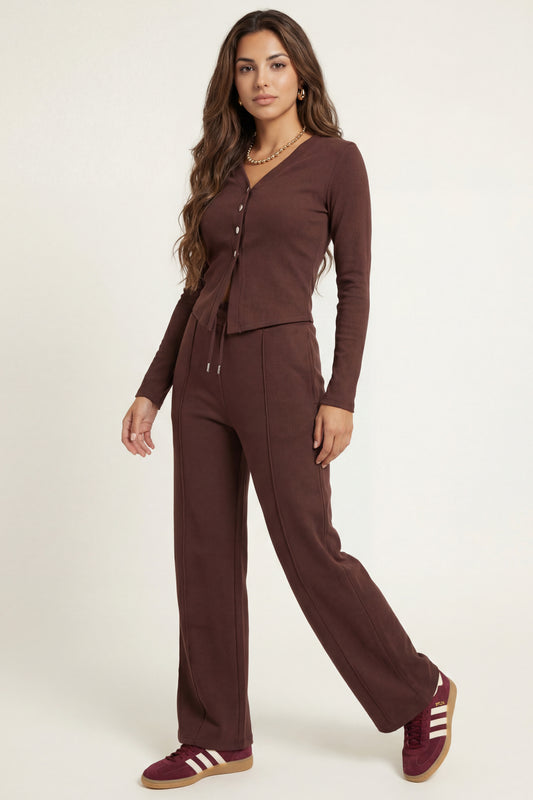 Soft Rib V Cardigan set Chocolate