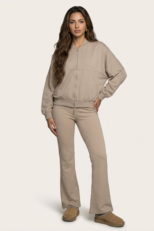 Bomber Jacket And Flare Jogger Set Oatmeal