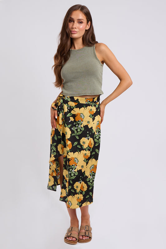 Oriental Black Satin Floral Wrap Midi Skirt