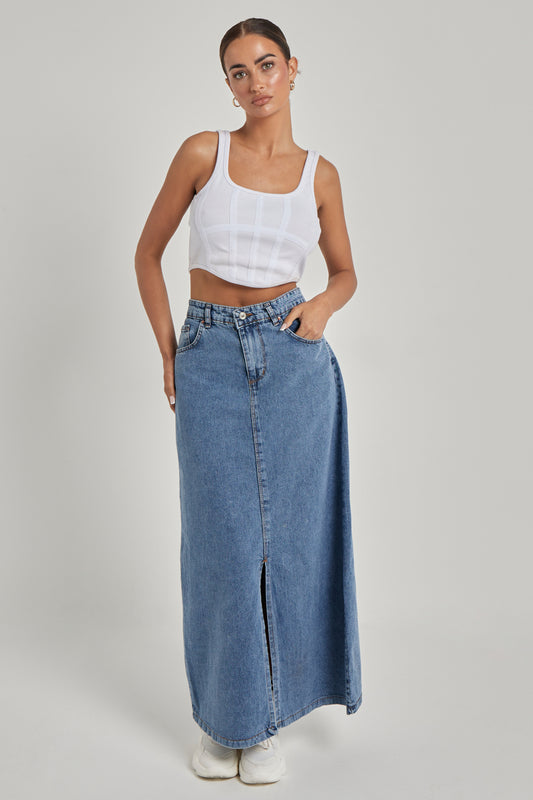 Denim Split Front Maxi Skirt