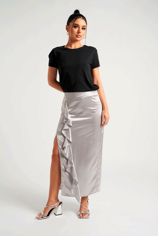 Satin Ruffle Side Split Midaxi Skirt