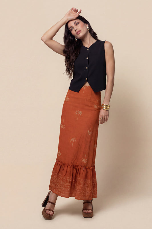 Tirered Maxi Skirt Rust Pattern