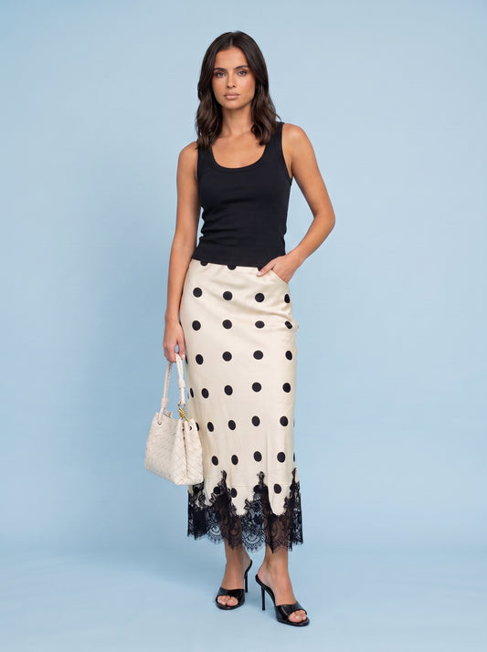 Lace Trim Spot Maxi Skirt White Pattern