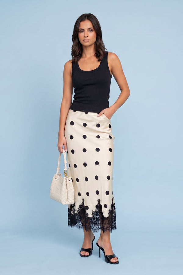 Lace Trim Spot Maxi Skirt White Pattern