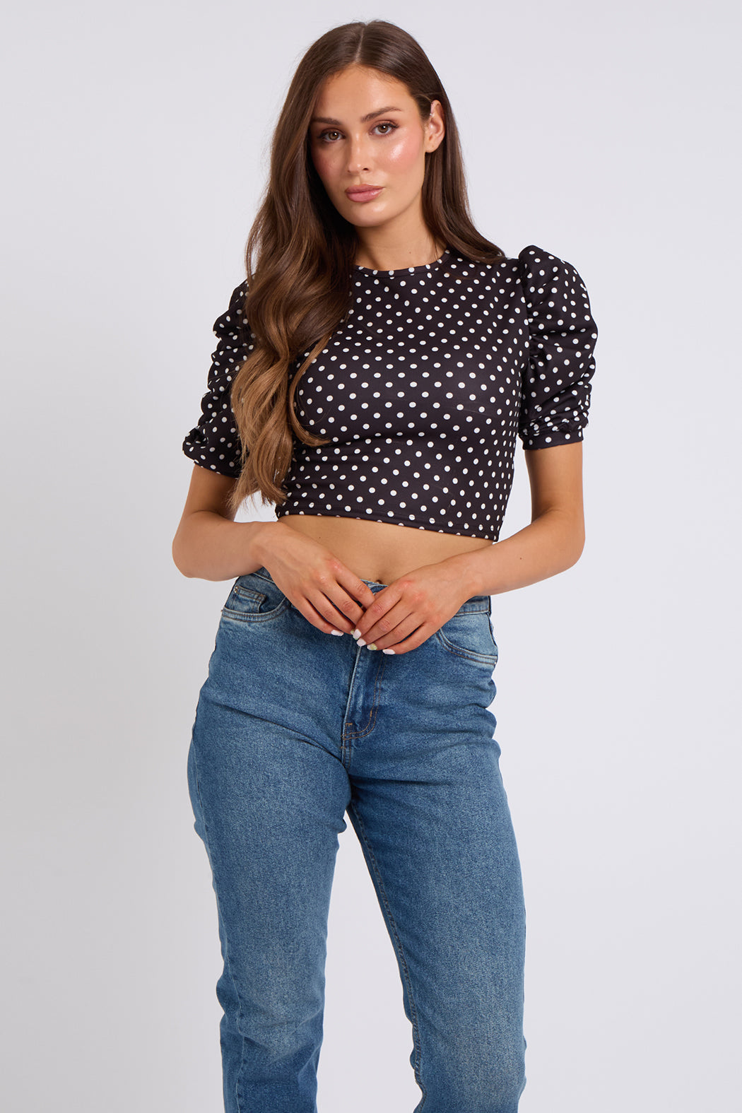 Spot Puff Sleeve Crop Top