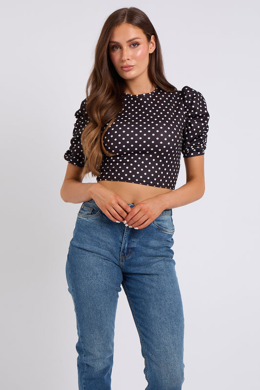 Black Spot Puff Sleeve Crop Top