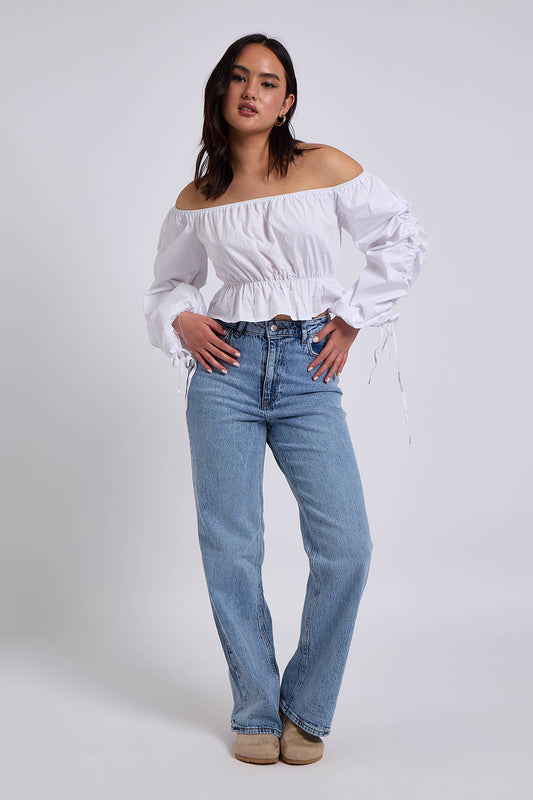 White Drawstring Edge Sleeve Bardot