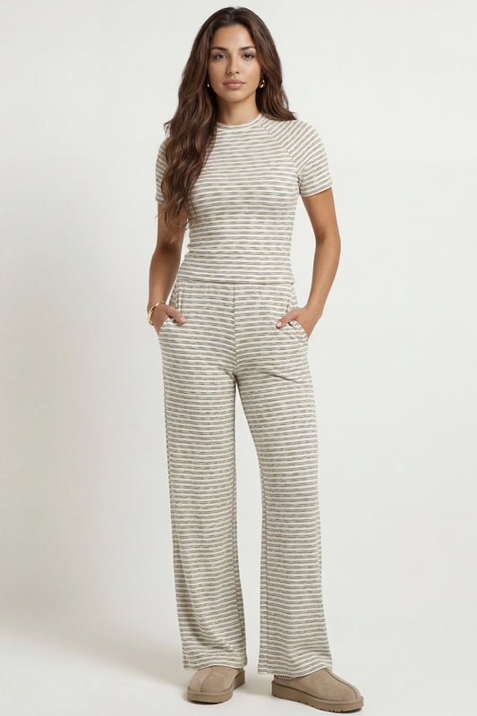 Jersey Striped Wide Leg Trouser Cream