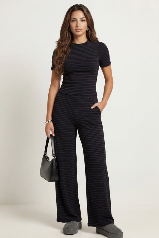 Jersey Short Sleeved Striped Top Charcoal