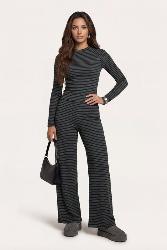 Jersey Striped Wide Leg Trouser Grey
