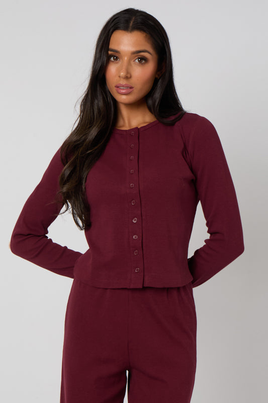 Burgundy Long Sleeved Button Front Top