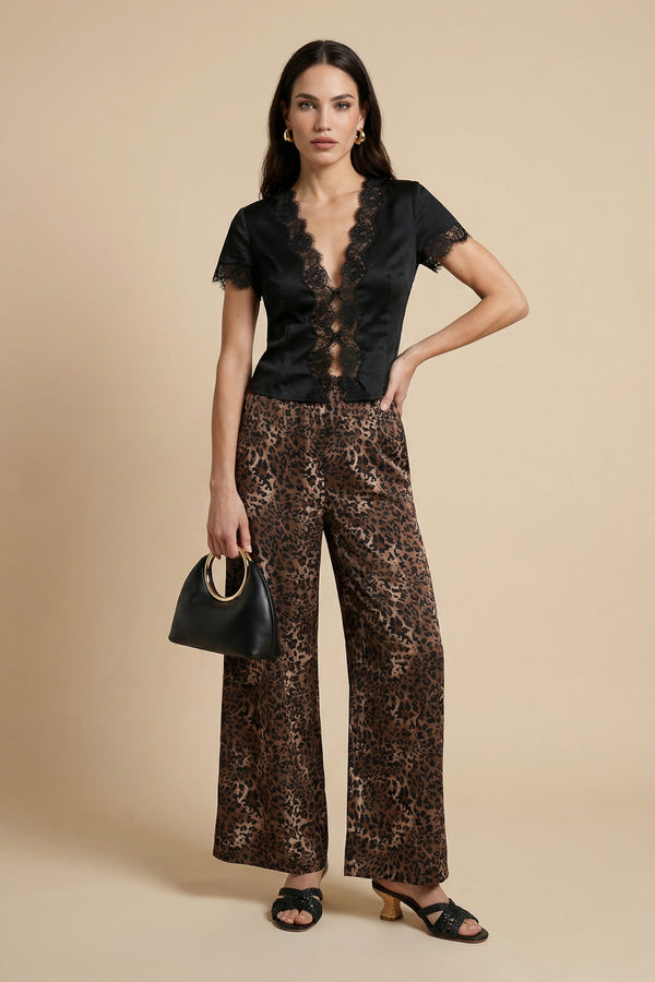 Leopard Linen-Look Elasticated Wide Leg Trouser