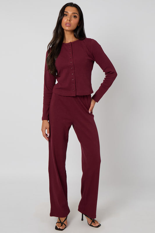 Burgundy Ribbed Wide Leg Trouser